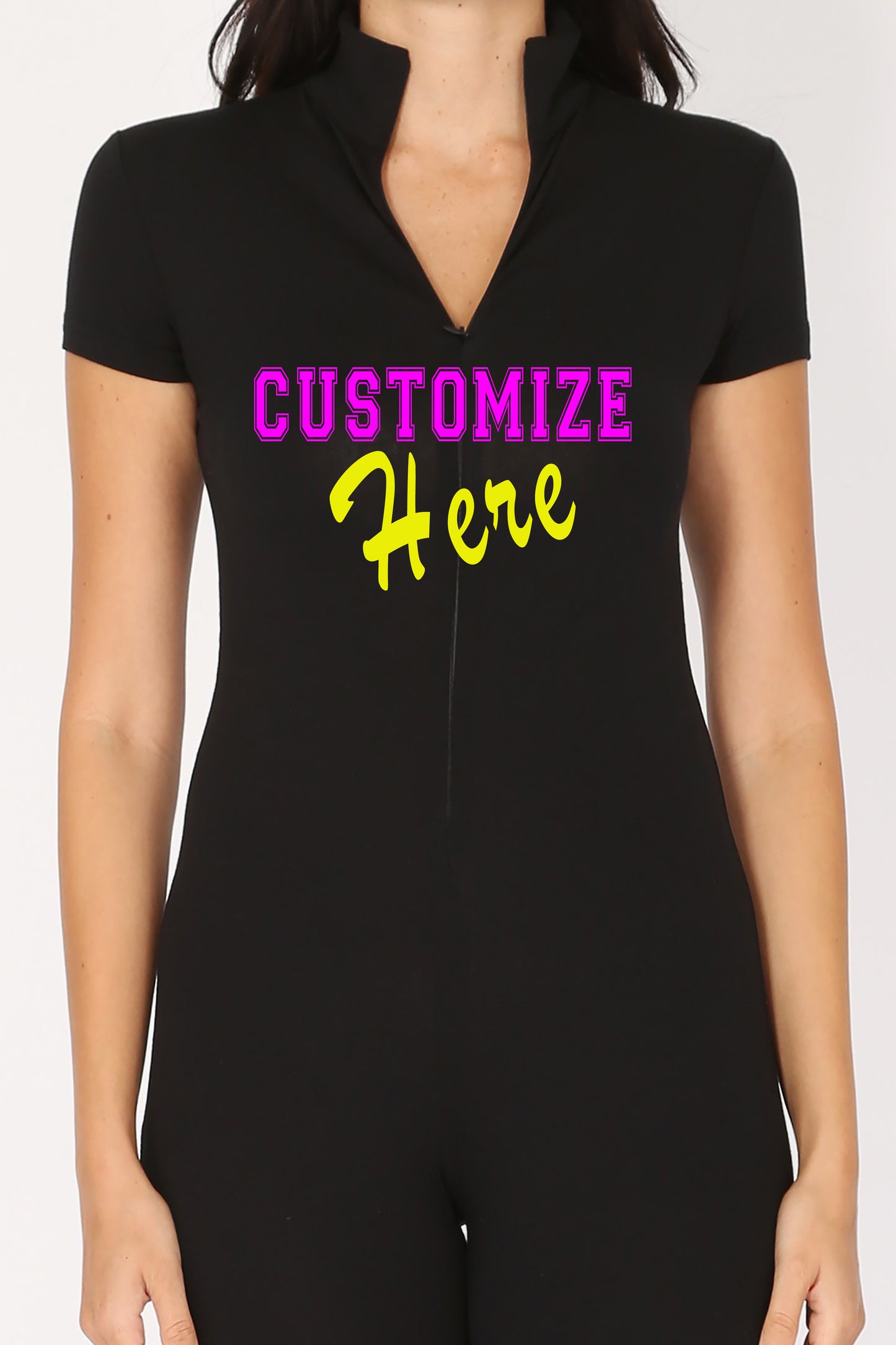 Personalizable Bodysuit  With Zipper, Add Your Own Text or Image, Customizable Short Sleeve Romper, Bandeau Bodysuit