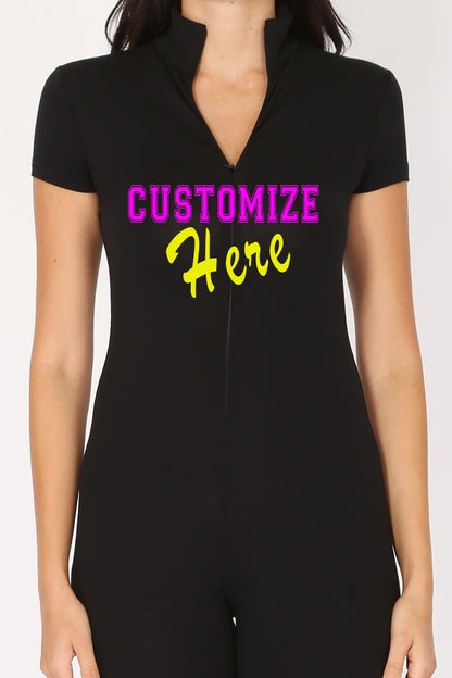 Personalizable Bodysuit  With Zipper, Add Your Own Text or Image, Customizable Short Sleeve Romper, Bandeau Bodysuit