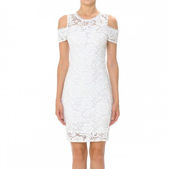 Scalloped Lace Round Neck Cold Shoulder Short Sleeve Knit Midi Lace Dress