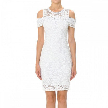 Scalloped Lace Round Neck Cold Shoulder Short Sleeve Knit Midi Lace Dress
