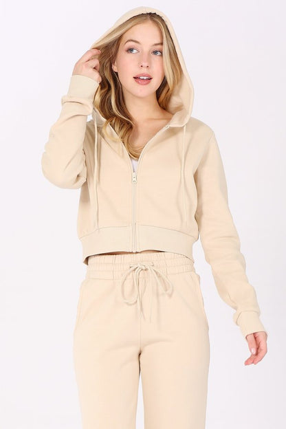 Basic Plain Solid Fleece Full Zip Crop Hoodie Sweatshirt