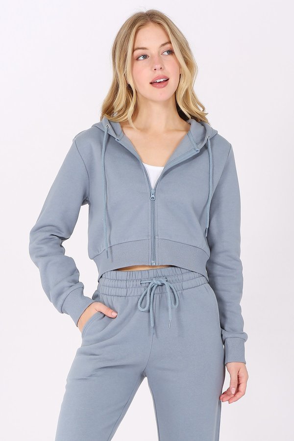 Basic Plain Solid Fleece Full Zip Crop Hoodie Sweatshirt
