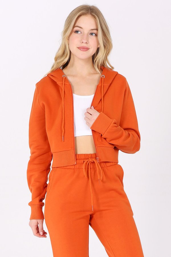 Basic Plain Solid Fleece Full Zip Crop Hoodie Sweatshirt