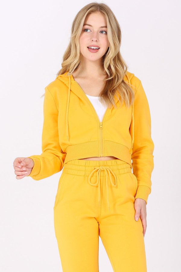 Basic Plain Solid Fleece Full Zip Crop Hoodie Sweatshirt