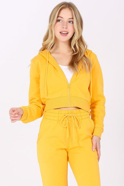 Basic Plain Solid Fleece Full Zip Crop Hoodie Sweatshirt