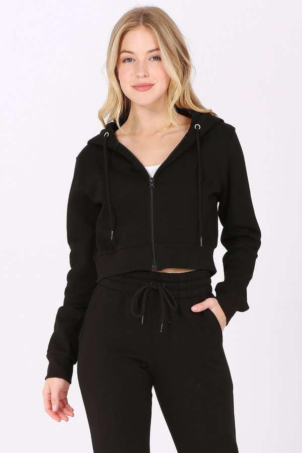 Basic Plain Solid Fleece Full Zip Crop Hoodie Sweatshirt